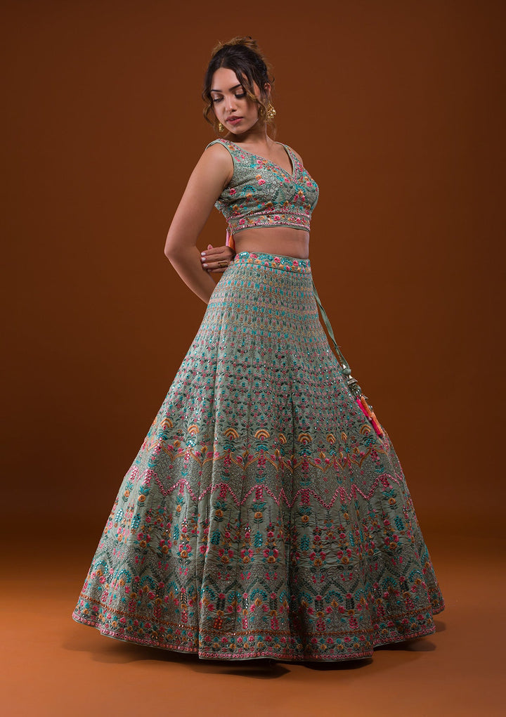 Pista Green Mirrorwork Raw Silk Designer Lehenga-Koskii