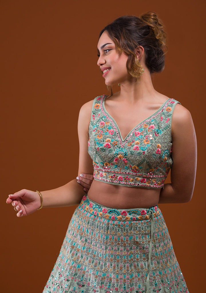 Pista Green Mirrorwork Raw Silk Designer Lehenga-Koskii