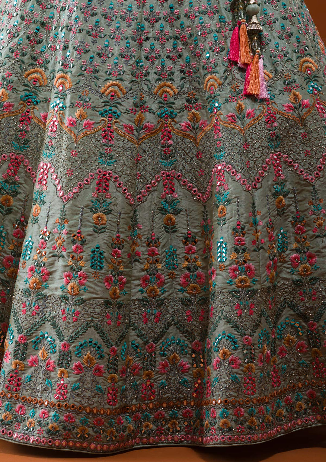 Pista Green Mirrorwork Raw Silk Designer Lehenga-Koskii