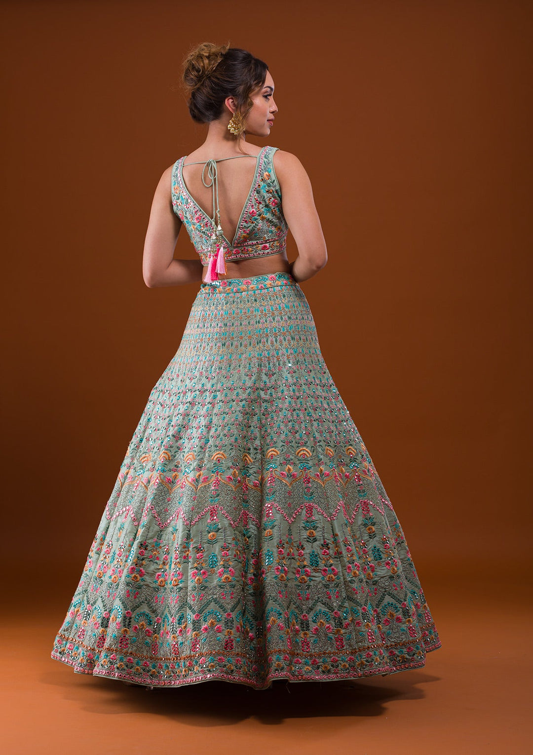 Pista Green Mirrorwork Raw Silk Designer Lehenga-Koskii