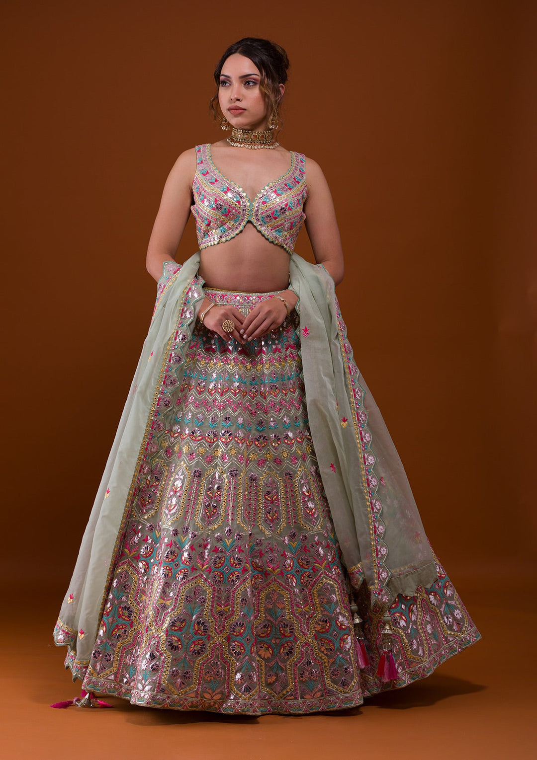 Pista Green Mirrorwork Tissue Designer Lehenga-Koskii