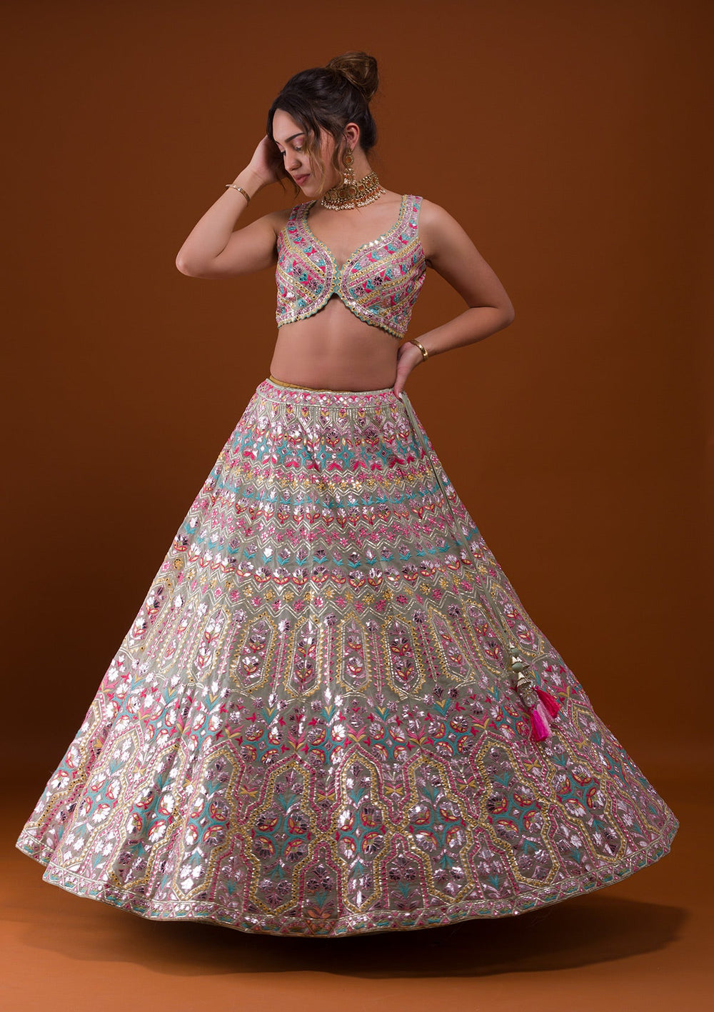 Pista Green Mirrorwork Tissue Designer Lehenga-Koskii