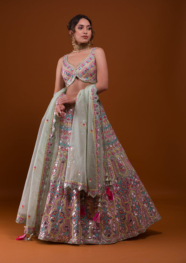 Pista Green Mirrorwork Tissue Designer Lehenga-Koskii
