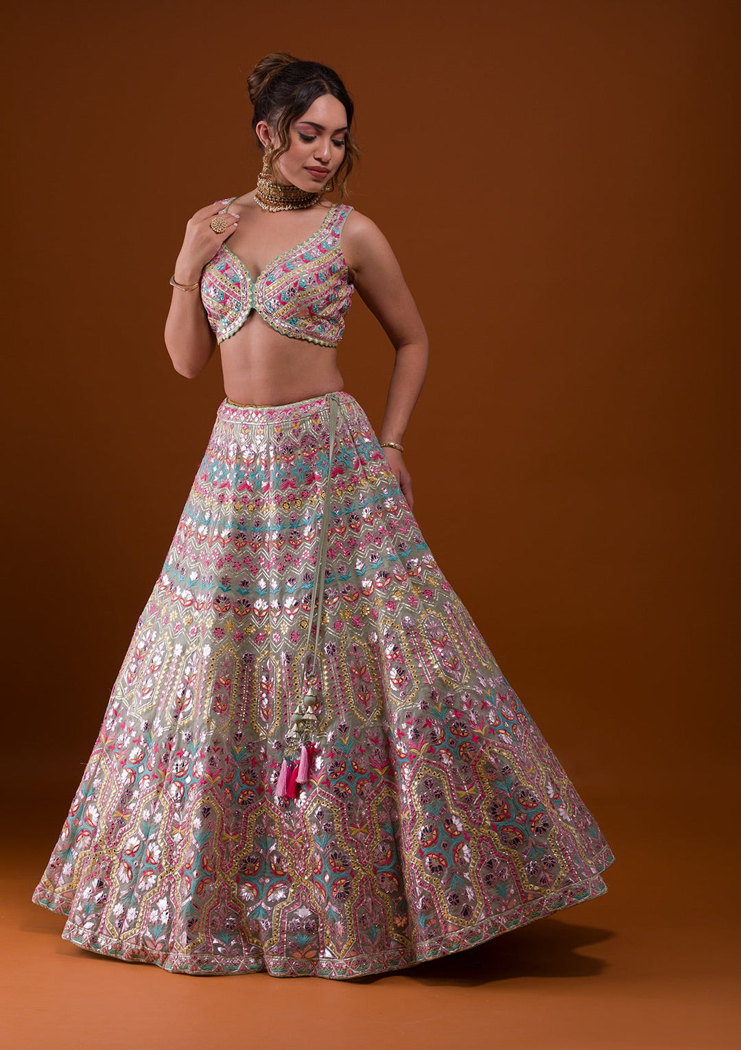 Pista Green Mirrorwork Tissue Designer Lehenga-Koskii