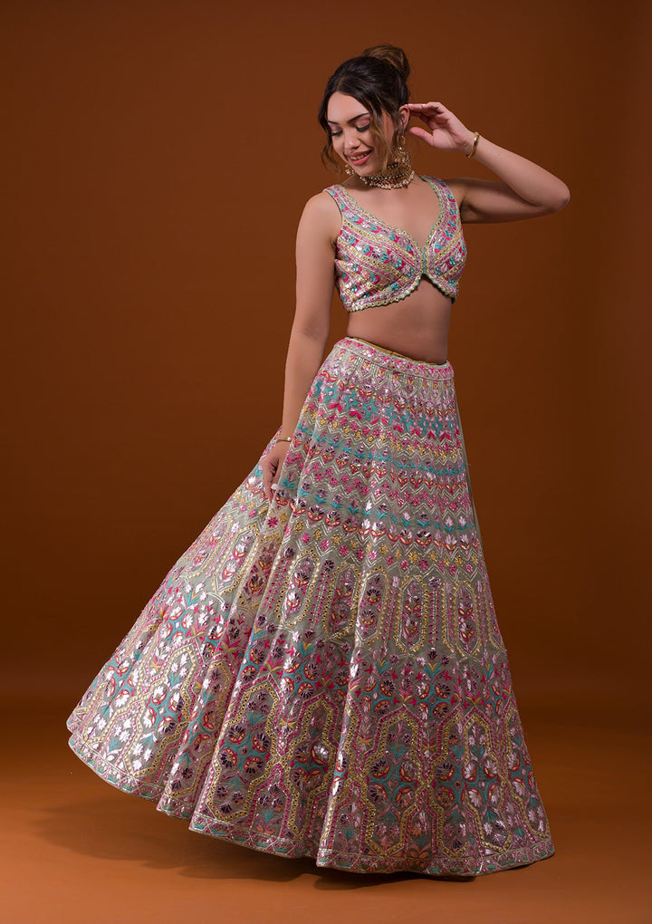 Pista Green Mirrorwork Tissue Designer Lehenga-Koskii