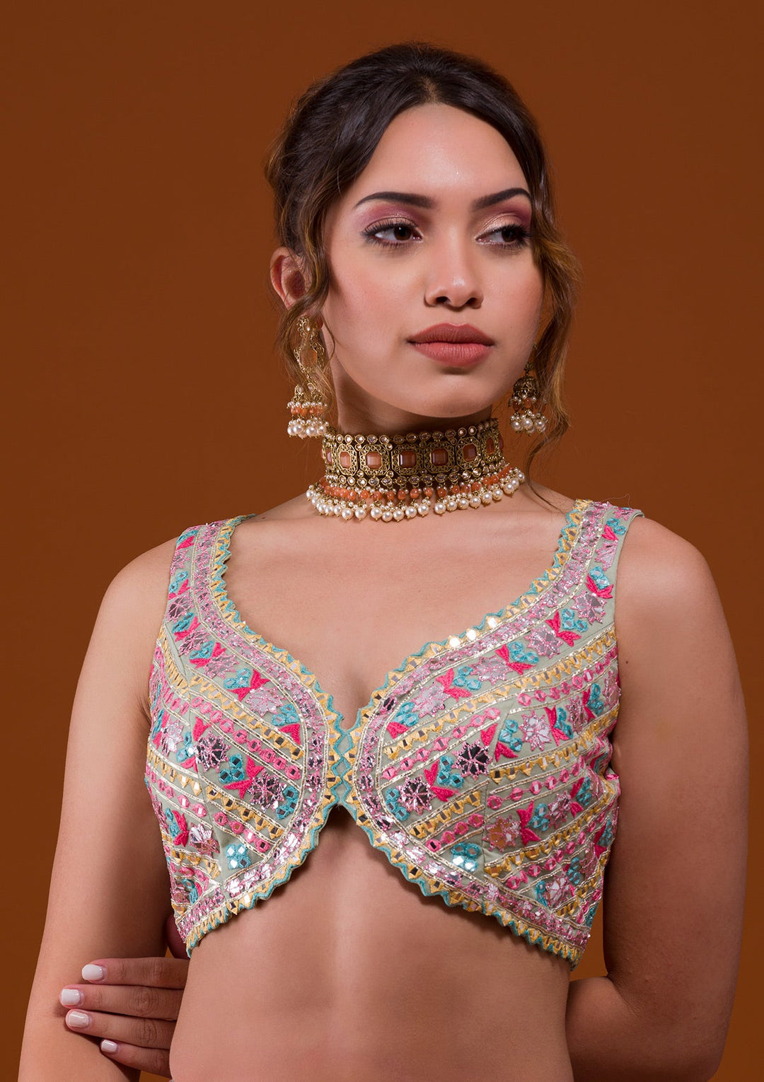 Pista Green Mirrorwork Tissue Designer Lehenga-Koskii