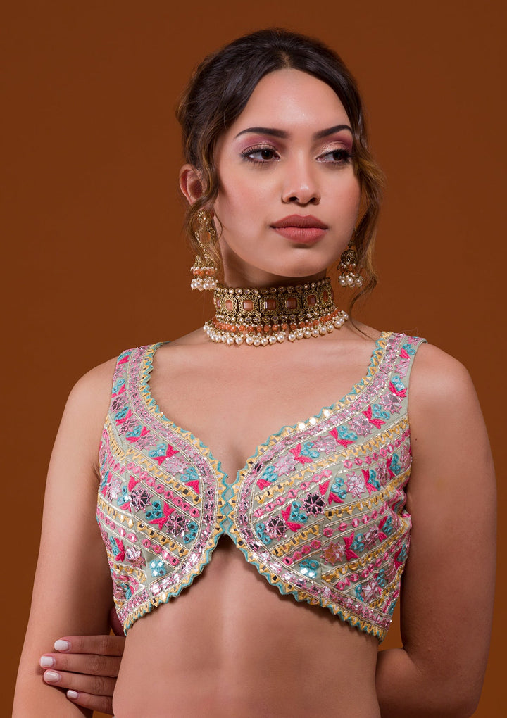 Pista Green Mirrorwork Tissue Designer Lehenga-Koskii