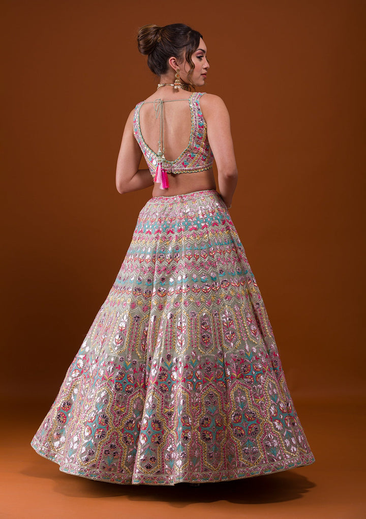 Pista Green Mirrorwork Tissue Designer Lehenga-Koskii