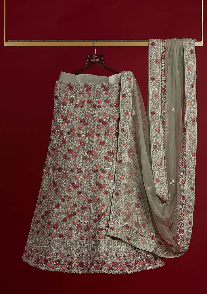 Pista Green Silver Zariwork Net Designer Semi-Stitched Lehenga - koskii