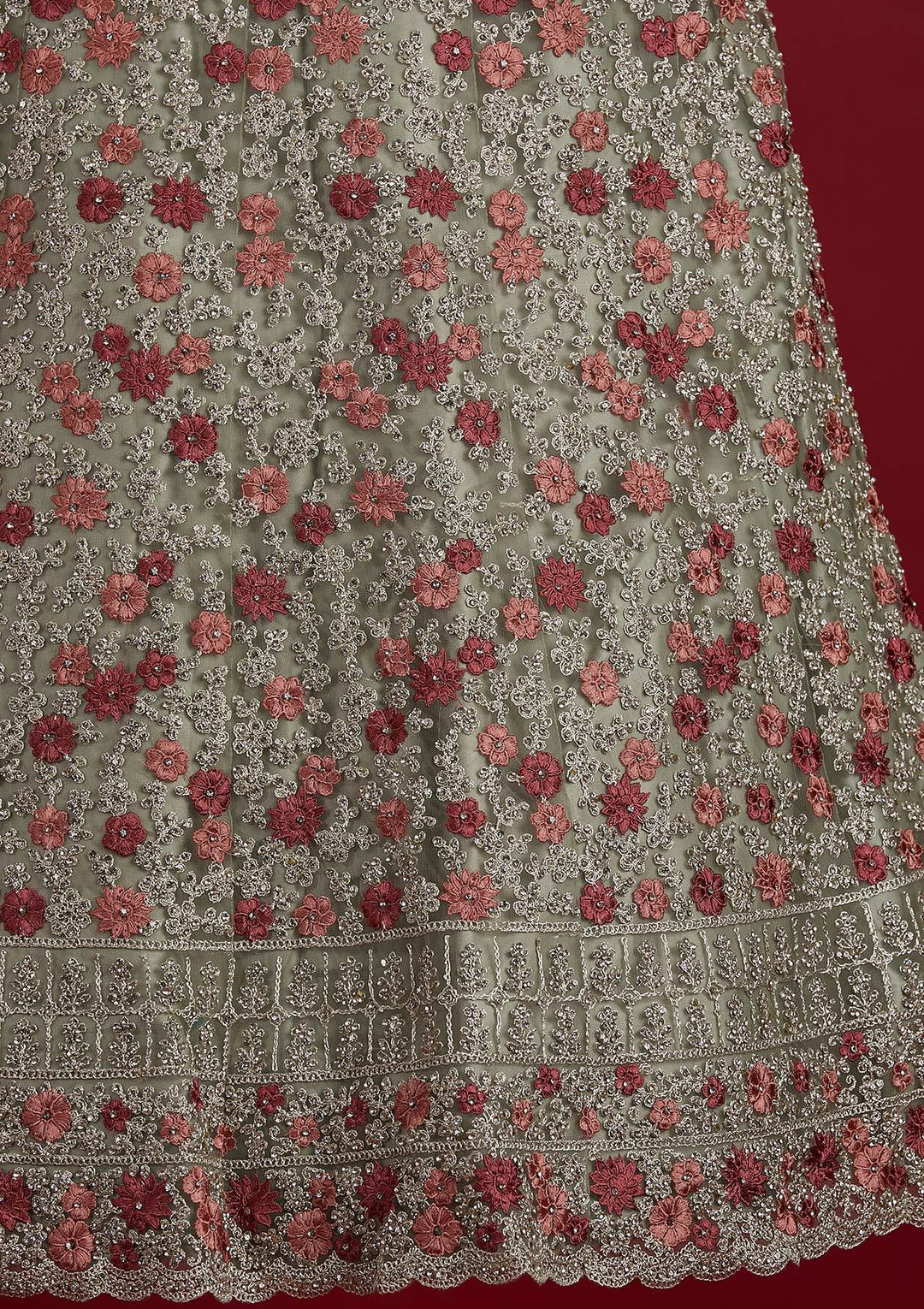 Pista Green Silver Zariwork Net Designer Semi-Stitched Lehenga - koskii