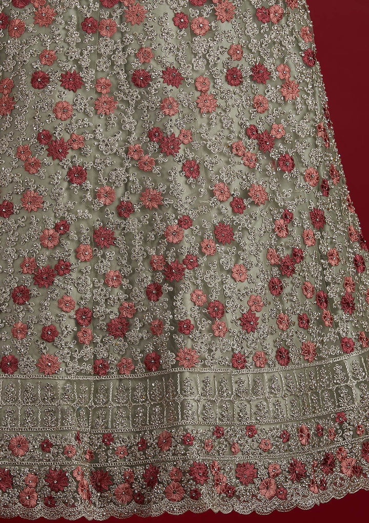 Pista Green Silver Zariwork Net Designer Semi-Stitched Lehenga - koskii