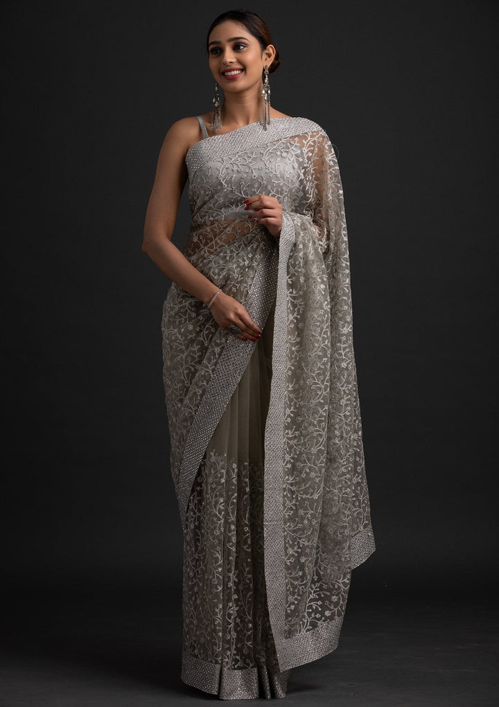 Pista Green Silver Zariwork Net Designer Saree - koskii