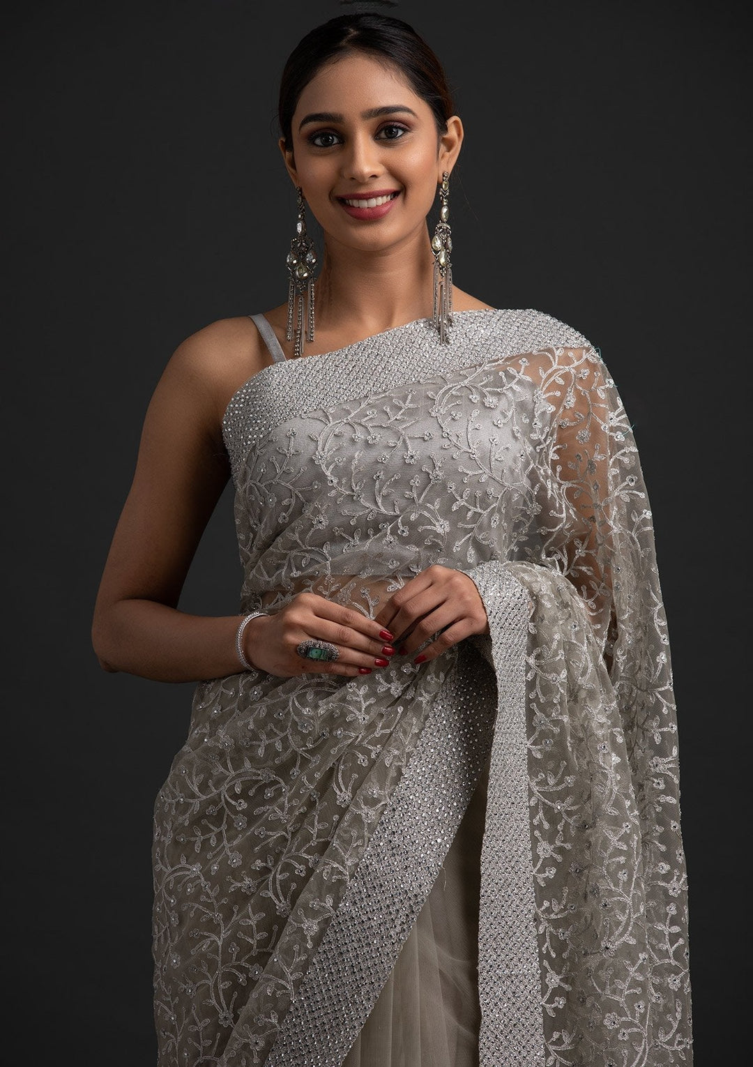 Pista Green Silver Zariwork Net Designer Saree - koskii