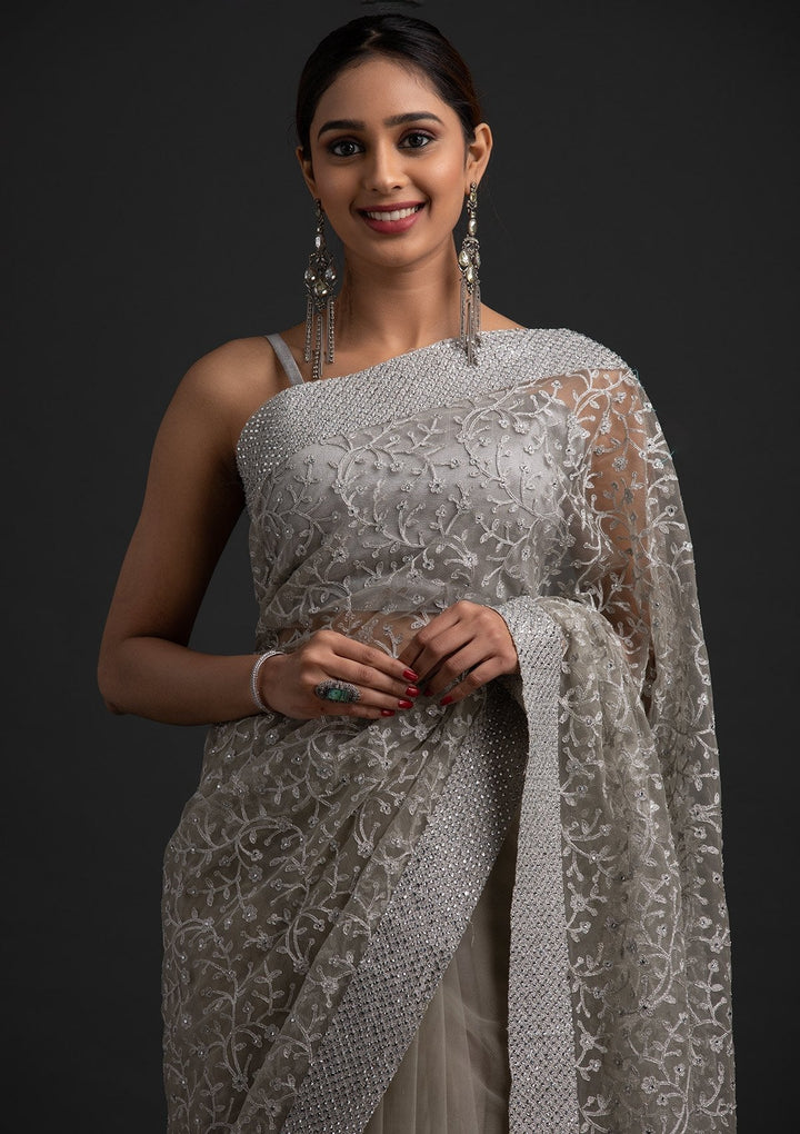 Pista Green Silver Zariwork Net Designer Saree - koskii