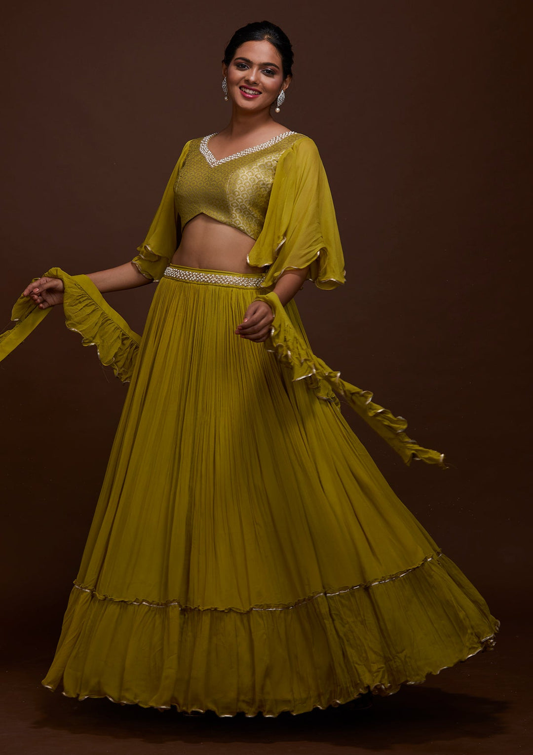 Pista Green Pearlwork Georgette Lehenga-Koskii