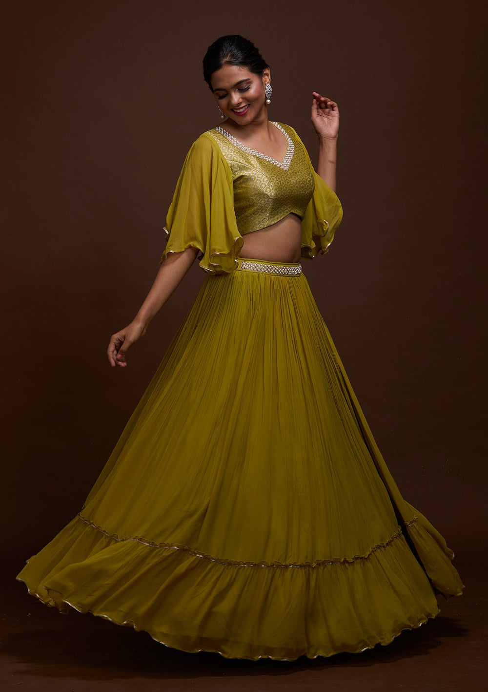 Pista Green Pearlwork Georgette Lehenga-Koskii