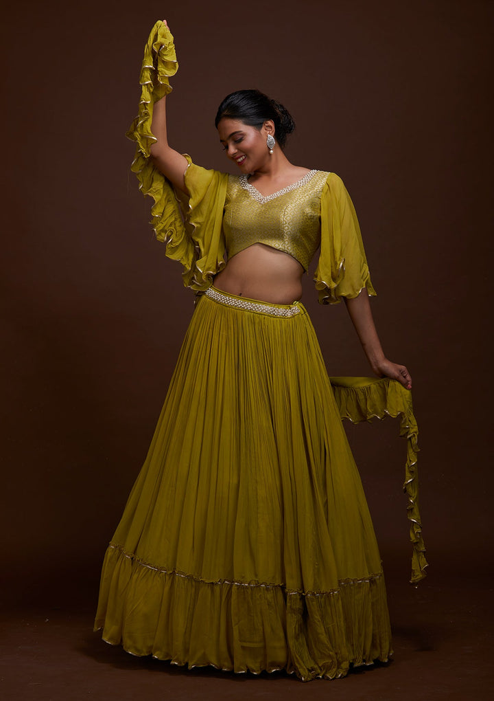 Pista Green Pearlwork Georgette Lehenga-Koskii