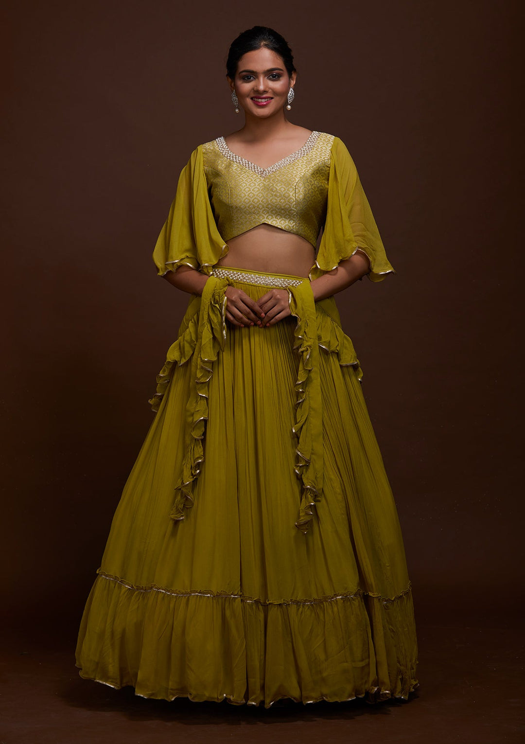 Pista Green Pearlwork Georgette Lehenga-Koskii