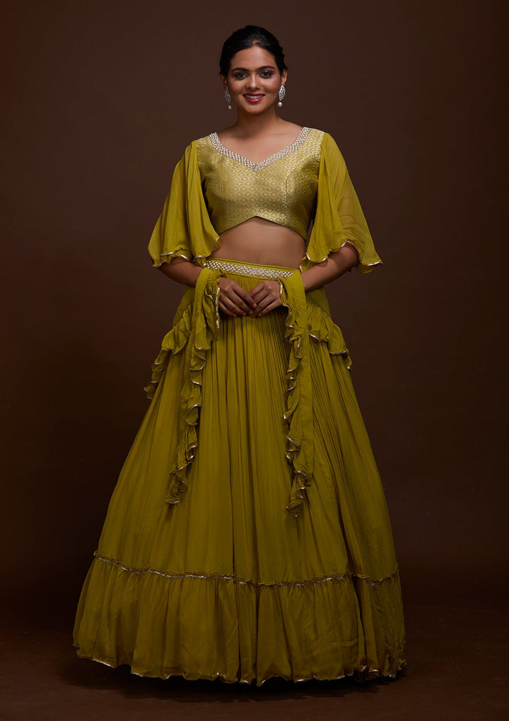 Pista Green Pearlwork Georgette Lehenga-Koskii
