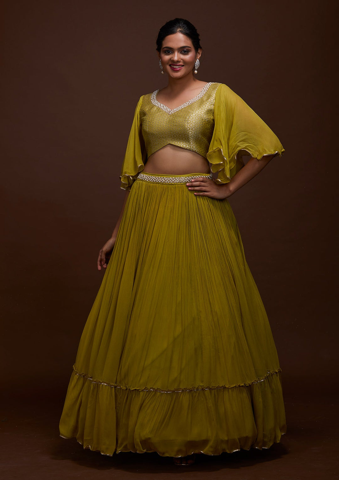 Pista Green Pearlwork Georgette Lehenga-Koskii
