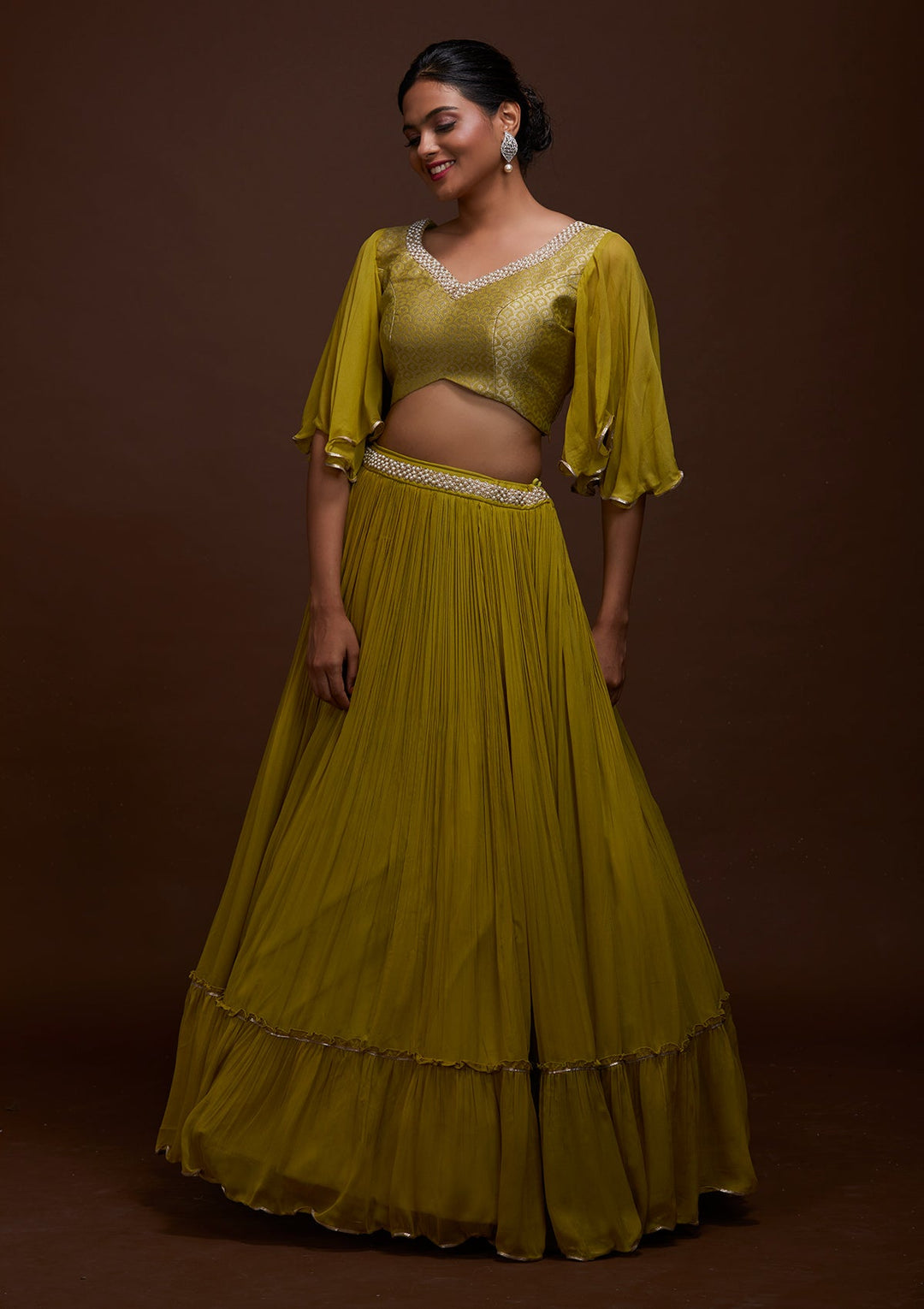 Pista Green Pearlwork Georgette Lehenga-Koskii