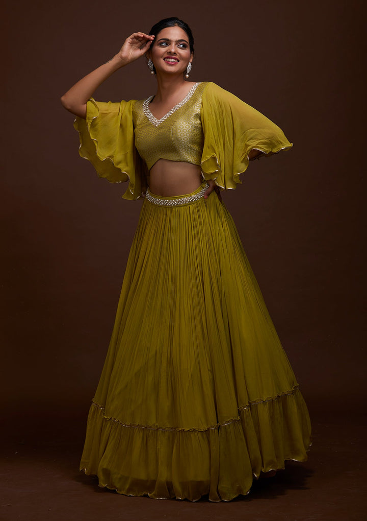 Pista Green Pearlwork Georgette Lehenga-Koskii
