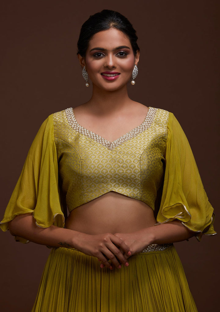 Pista Green Pearlwork Georgette Lehenga-Koskii