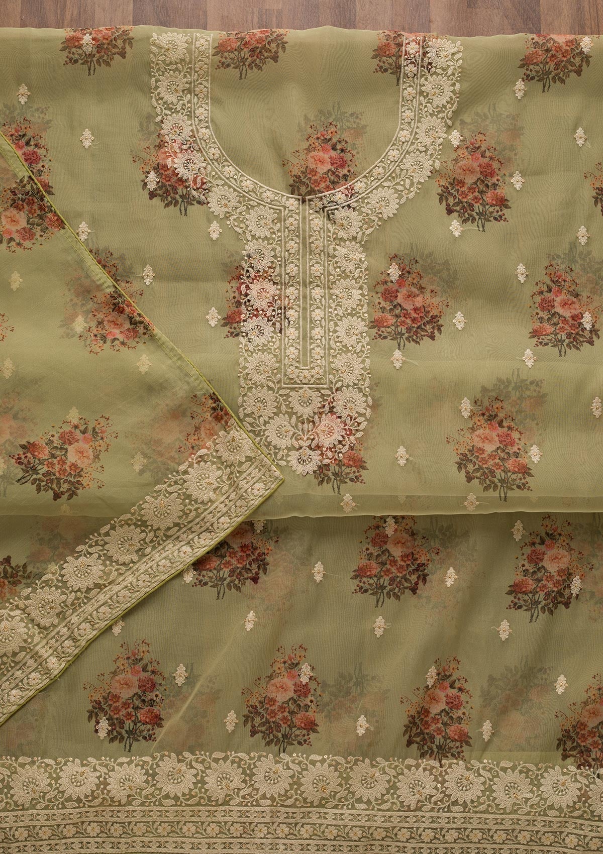 Pista Green Print Georgette Unstitched Salwar Suit-Koskii