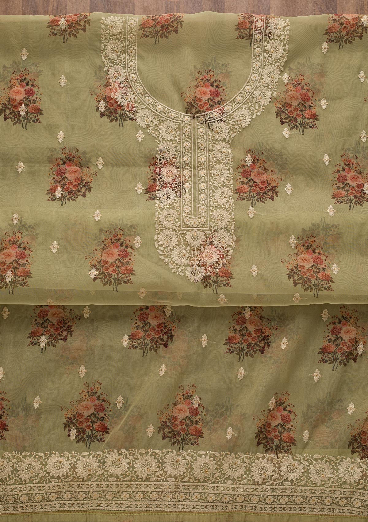 Pista Green Print Georgette Unstitched Salwar Suit-Koskii
