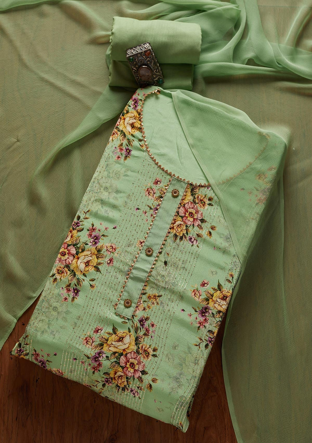 Pista Green Print Semi Crepe Designer Unstitched Salwar Suit - koskii
