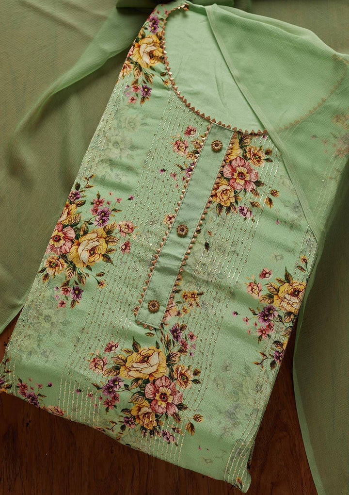 Pista Green Print Semi Crepe Designer Unstitched Salwar Suit - koskii
