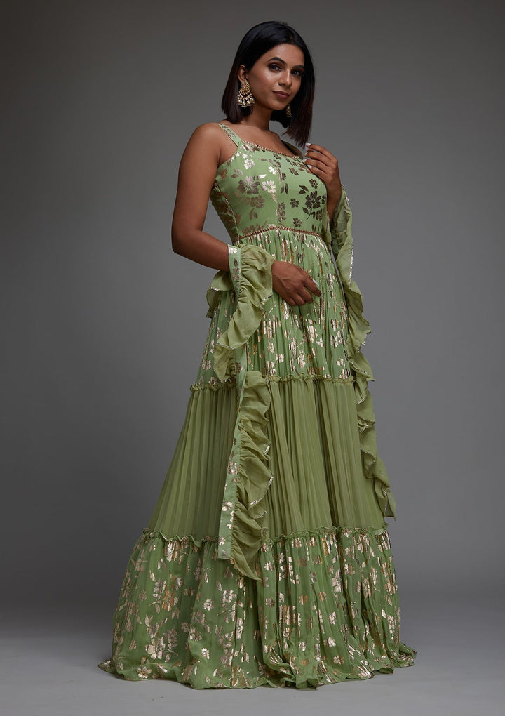 Pista Green Printed Georgette Designer Anarkali Suit- Koskii