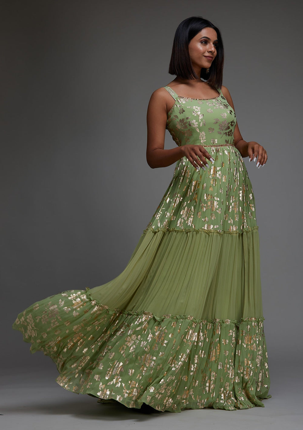 Pista Green Printed Georgette Designer Anarkali Suit - Koskii