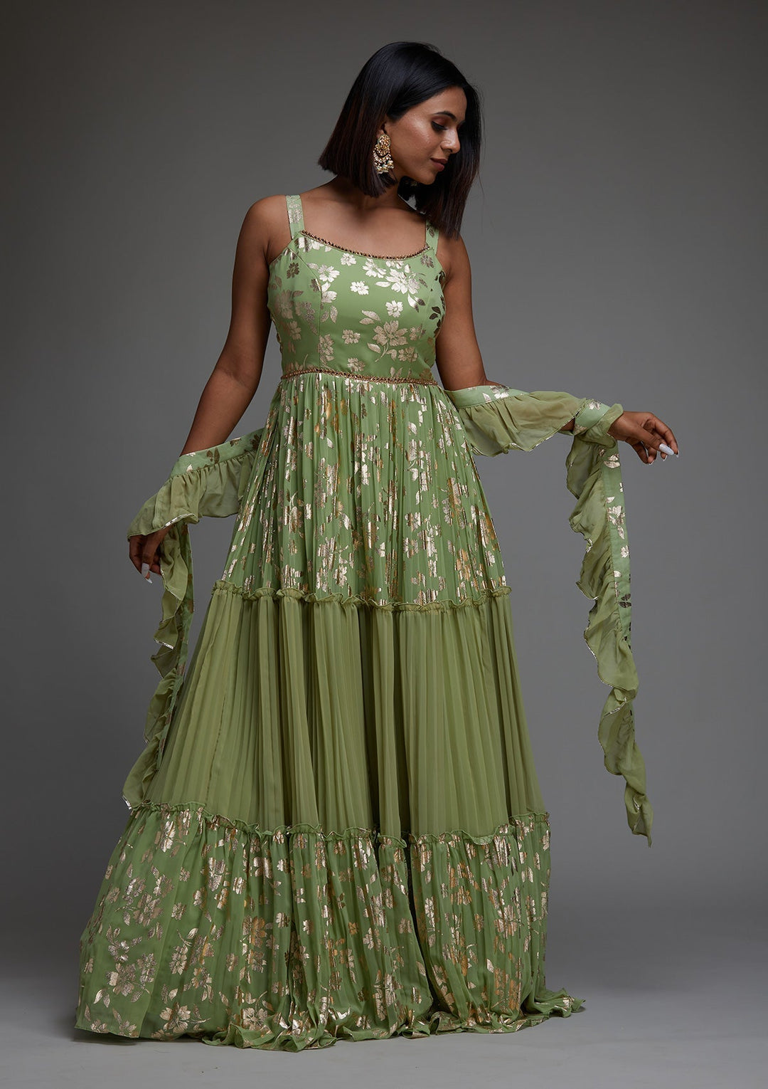 Pista Green Printed Georgette Designer Anarkali Suit - Koskii
