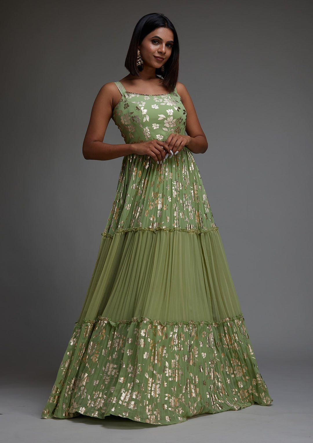 Pista Green Printed Georgette Designer Anarkali Suit - Koskii