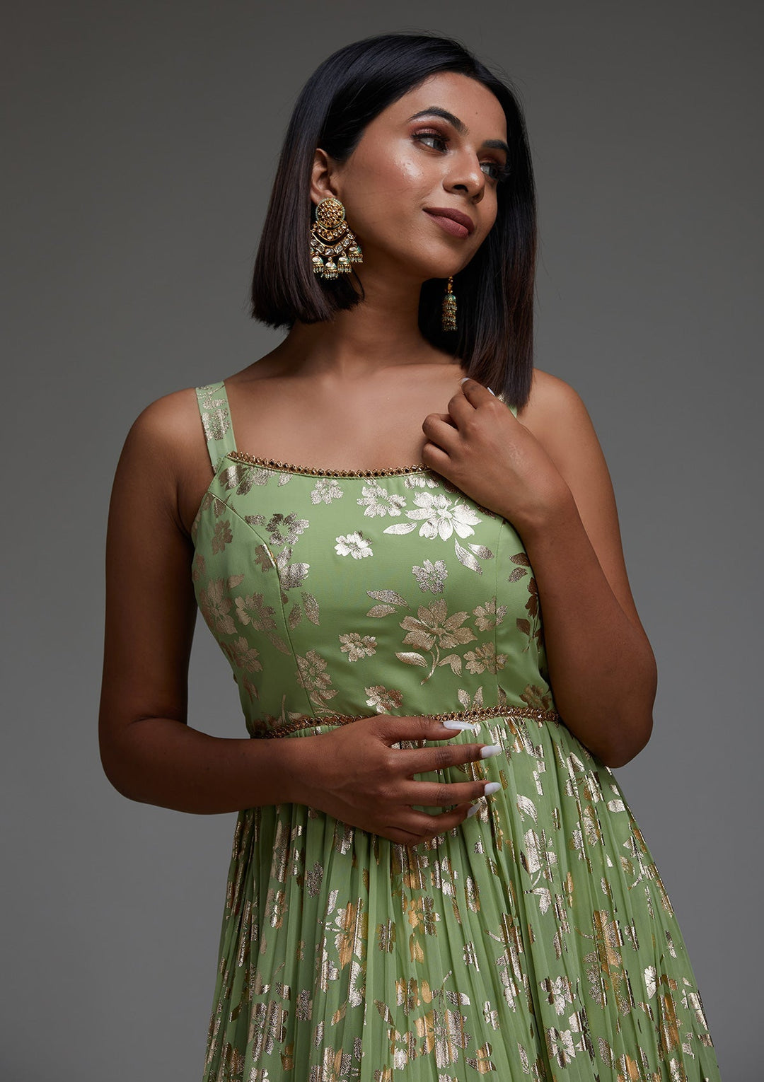 Pista Green Printed Georgette Designer Anarkali Suit - Koskii