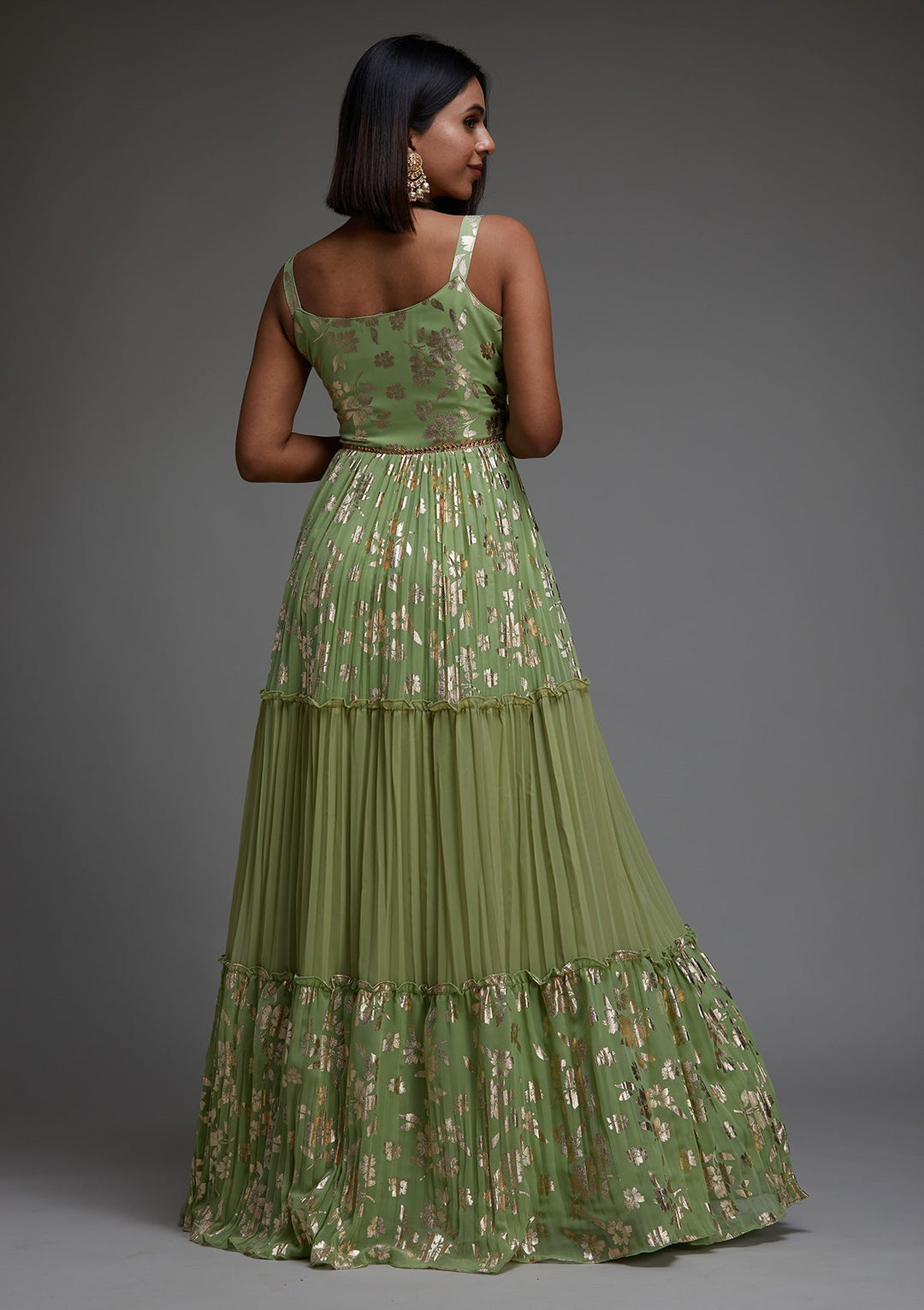 Pista Green Printed Georgette Designer Anarkali Suit - Koskii