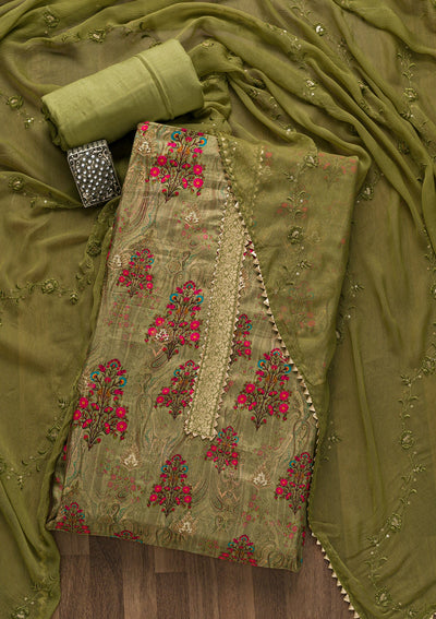 Pista Green Printed Semi Crepe Unstitched Salwar Suit-Koskii