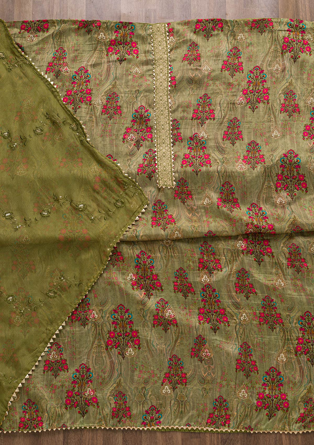 Pista Green Printed Semi Crepe Unstitched Salwar Suit-Koskii
