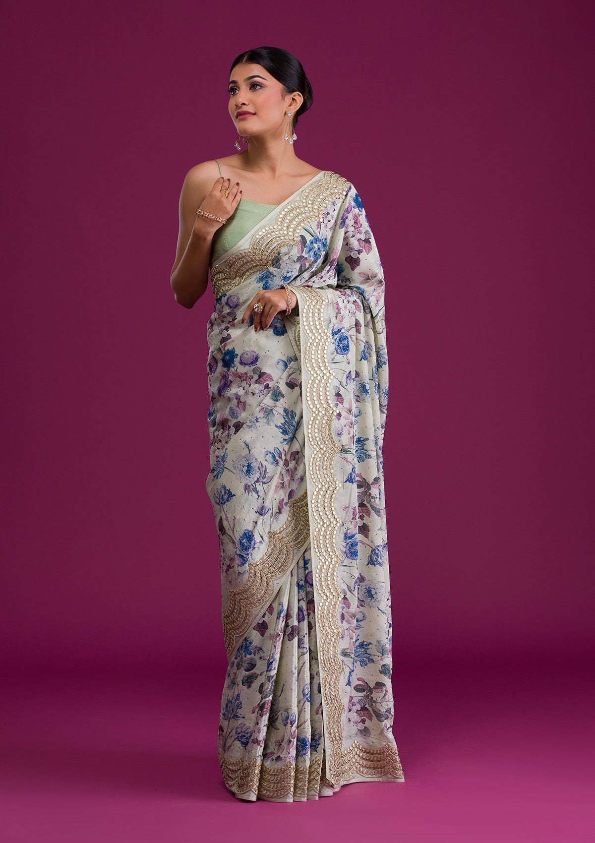 Pista Green Printed Semi Crepe Saree-Koskii