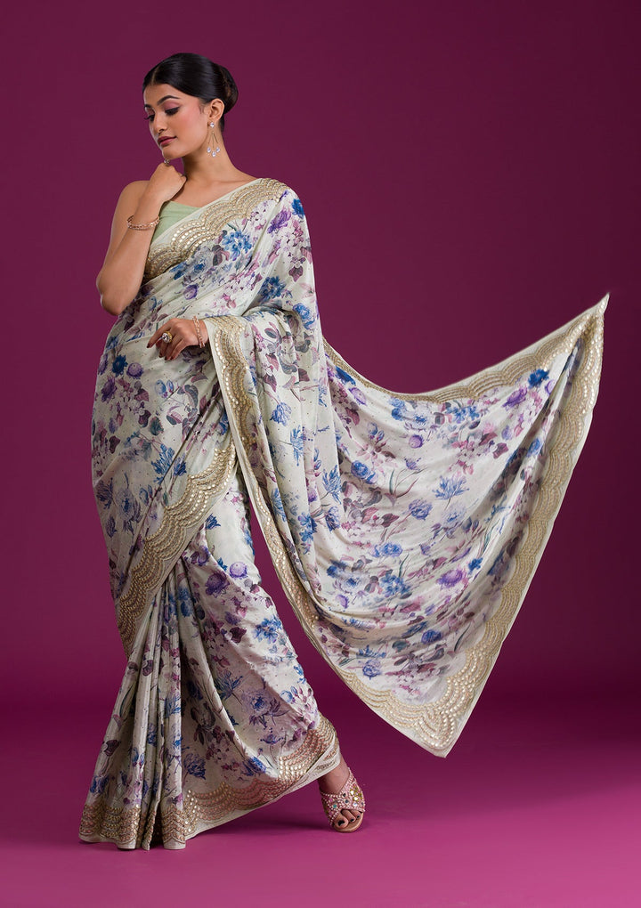 Pista Green Printed Semi Crepe Saree-Koskii