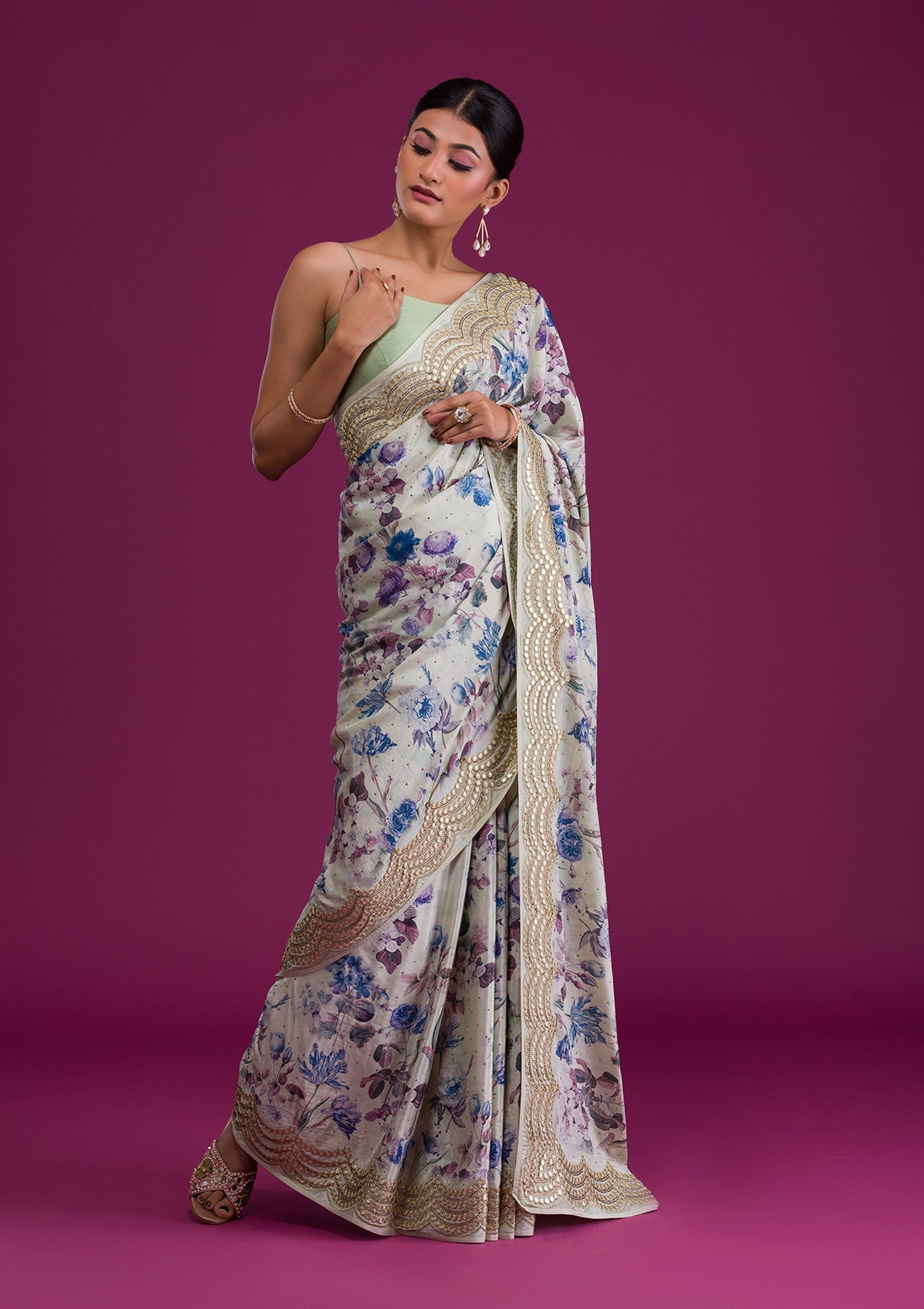 Pista Green Printed Semi Crepe Saree-Koskii