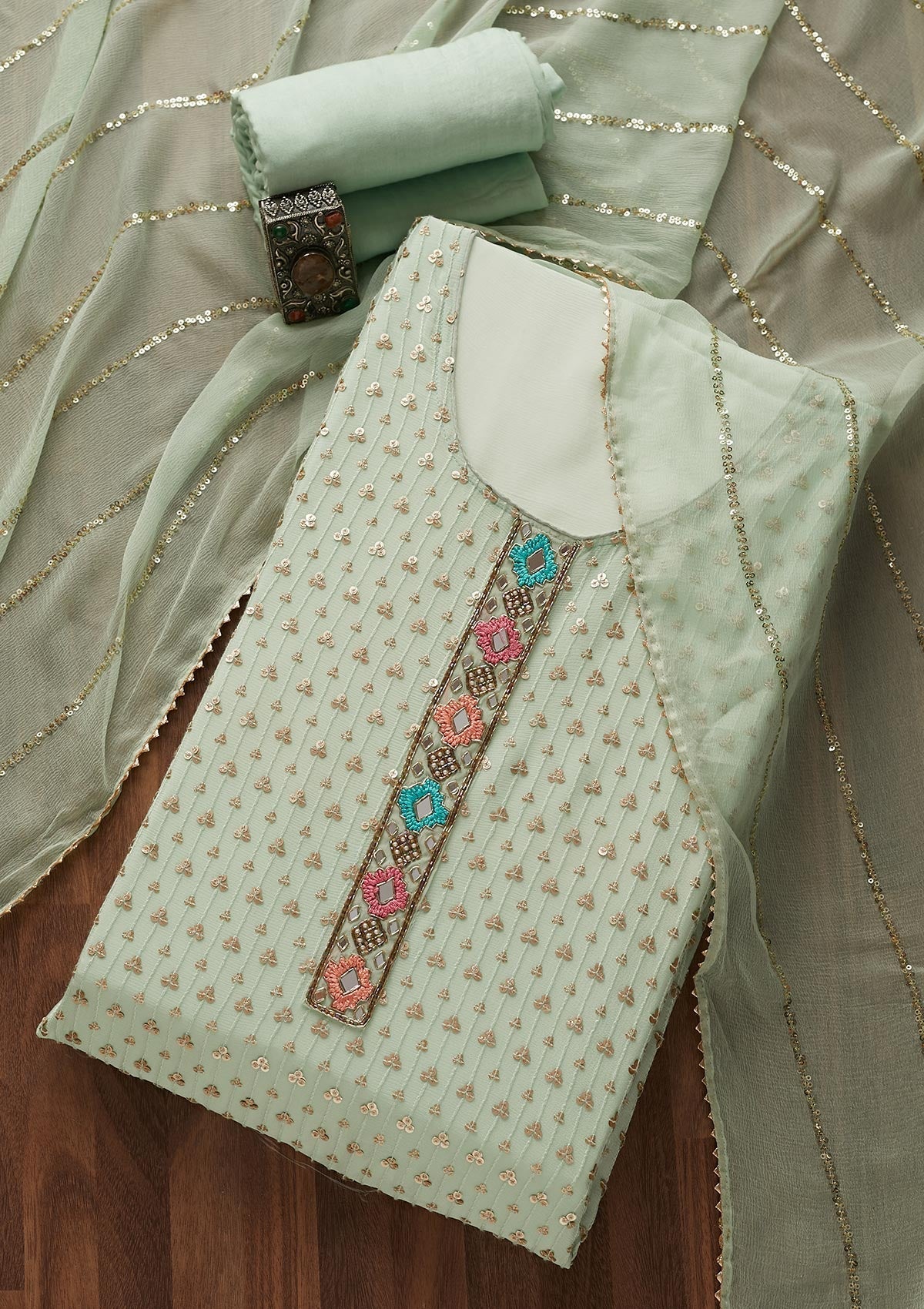 Pista Green Sequins Georgette Designer Semi-Stitched Salwar Suit - Koskii