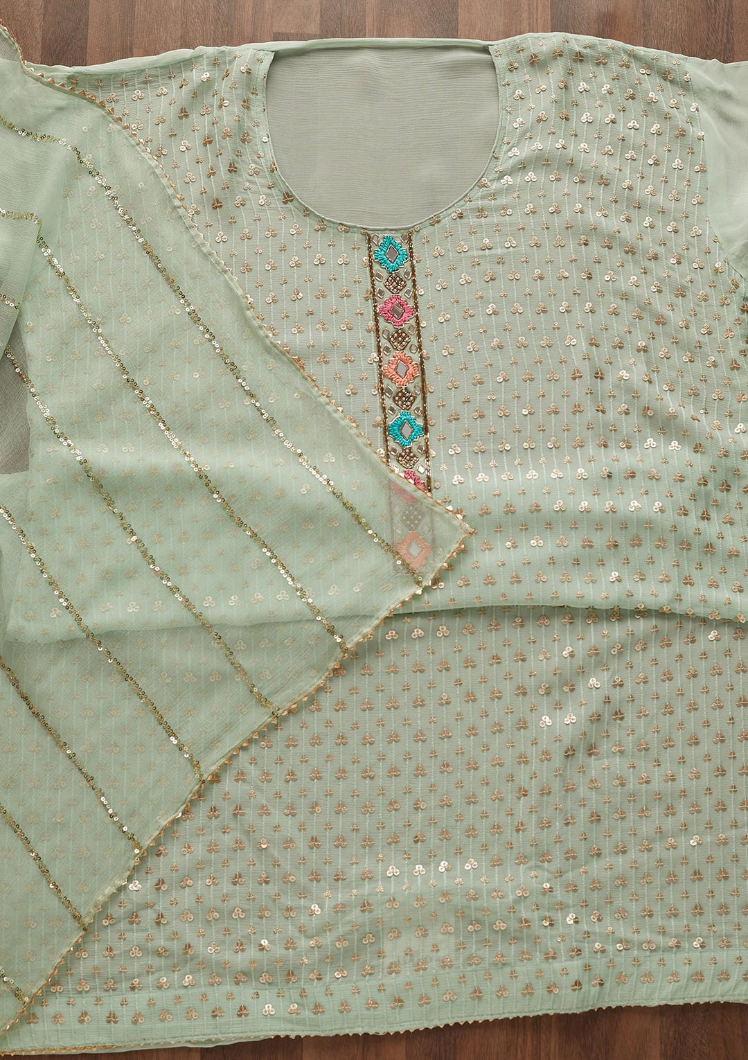 Pista Green Sequins Georgette Designer Semi-Stitched Salwar Suit - Koskii