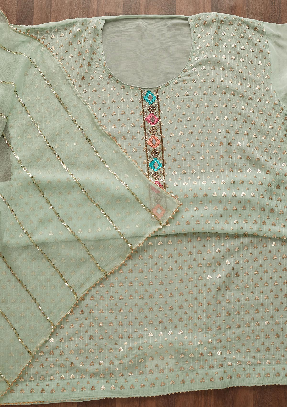 Pista Green Sequins Georgette Designer Semi-Stitched Salwar Suit - Koskii