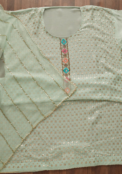 Pista Green Sequins Georgette Designer Semi-Stitched Salwar Suit - Koskii