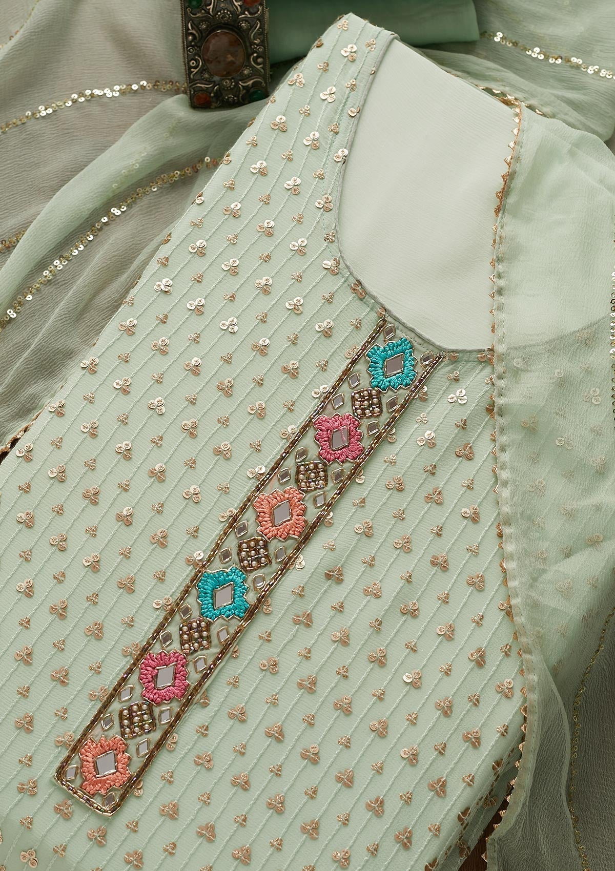 Pista Green Sequins Georgette Designer Semi-Stitched Salwar Suit - Koskii