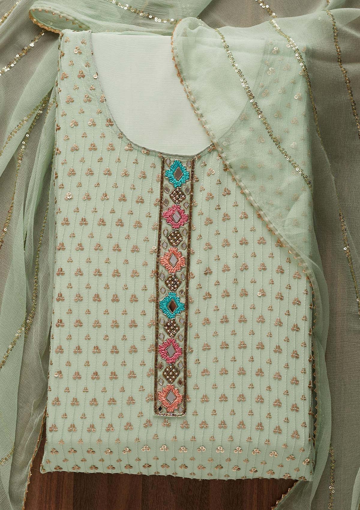 Pista Green Sequins Georgette Designer Semi-Stitched Salwar Suit - Koskii