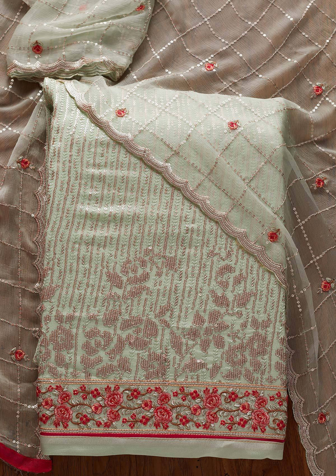 Pista Green Sequins Georgette Designer Unstitched Salwar Suit - koskii