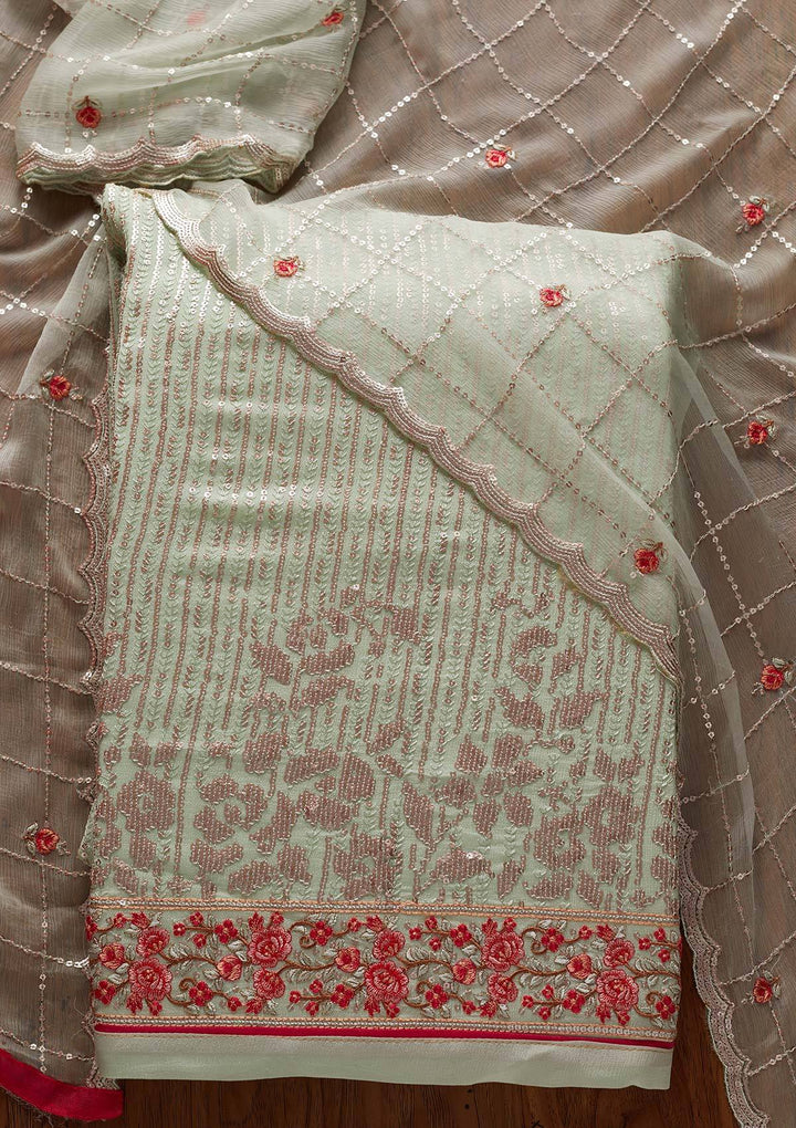Pista Green Sequins Georgette Designer Unstitched Salwar Suit - koskii